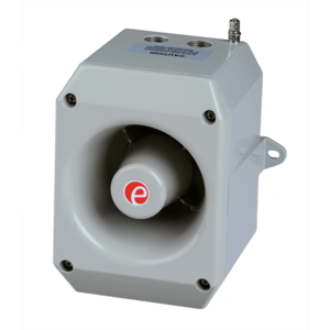 The E2S D2xS1 Alarm Horn Sounder is a gray, box-shaped electronic siren with a circular speaker and red logo, mounted on a metal bracket—ideal as a UL464-compliant fire alarm or in multi-sounder systems.