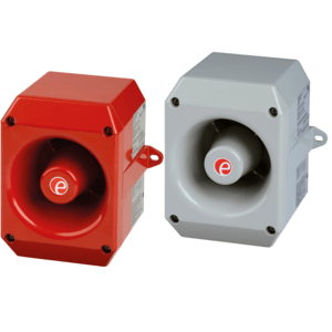 Two E2S D2xS1 Alarm Horn Sounders, one red and one gray, are shown side by side on a white background. Each UL464-compliant device features a circular speaker opening on the front.
