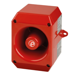 The E2S D2xS1 Alarm Horn Sounder is a red, wall-mounted electronic fire alarm with UL464 approval, square housing, and a central circular horn.