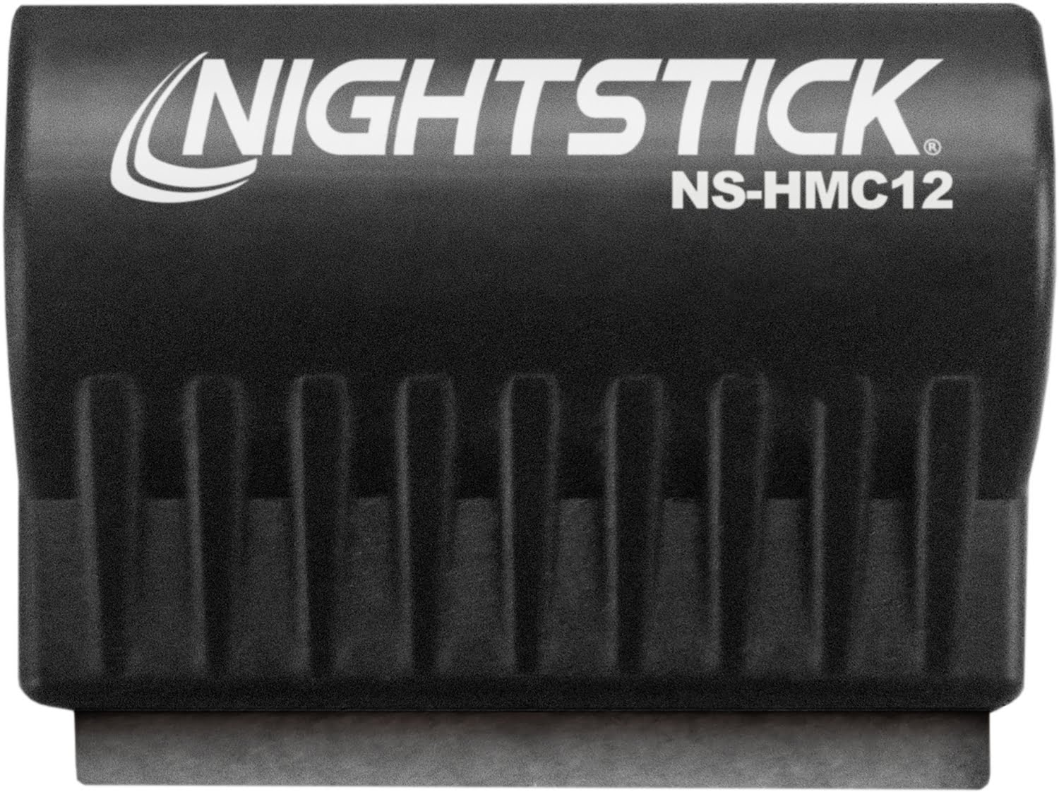 A black Nightstick NS-HMC12 holster clip with ribbed surface and white branding, designed for securely carrying your Nightstick XPP-5411GX Intrinsically Safe Penlight with mount.
