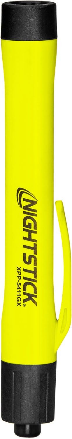 A yellow Nightstick XPP-5411GX Intrinsically Safe Penlight with a black cap and side clip, shown against a white background.