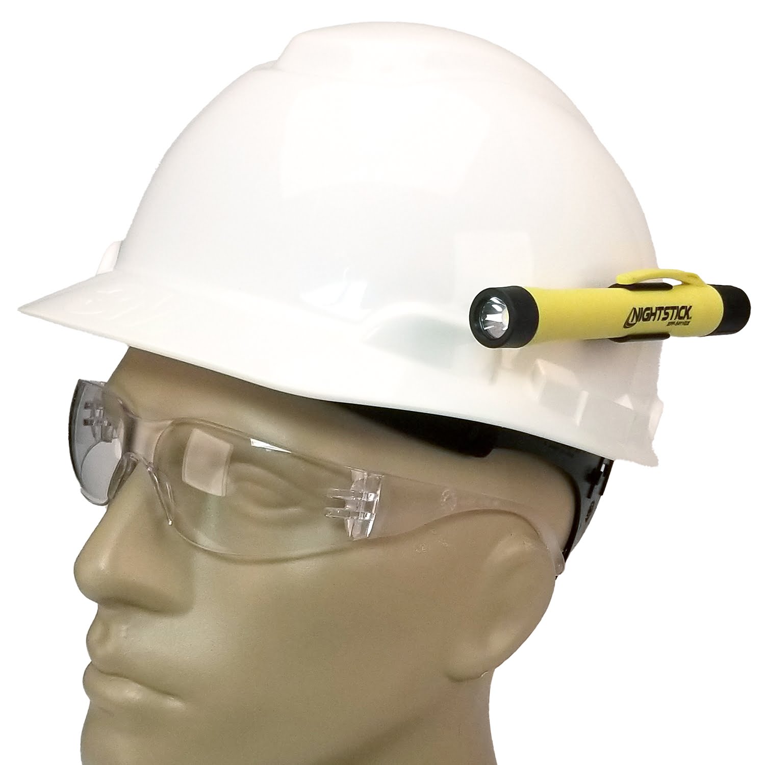 A mannequin head wearing safety glasses and a white hard hat with a Nightstick XPP-5411GX Intrinsically Safe Penlight w/Mount (IP-67 waterproof) clipped to the side.