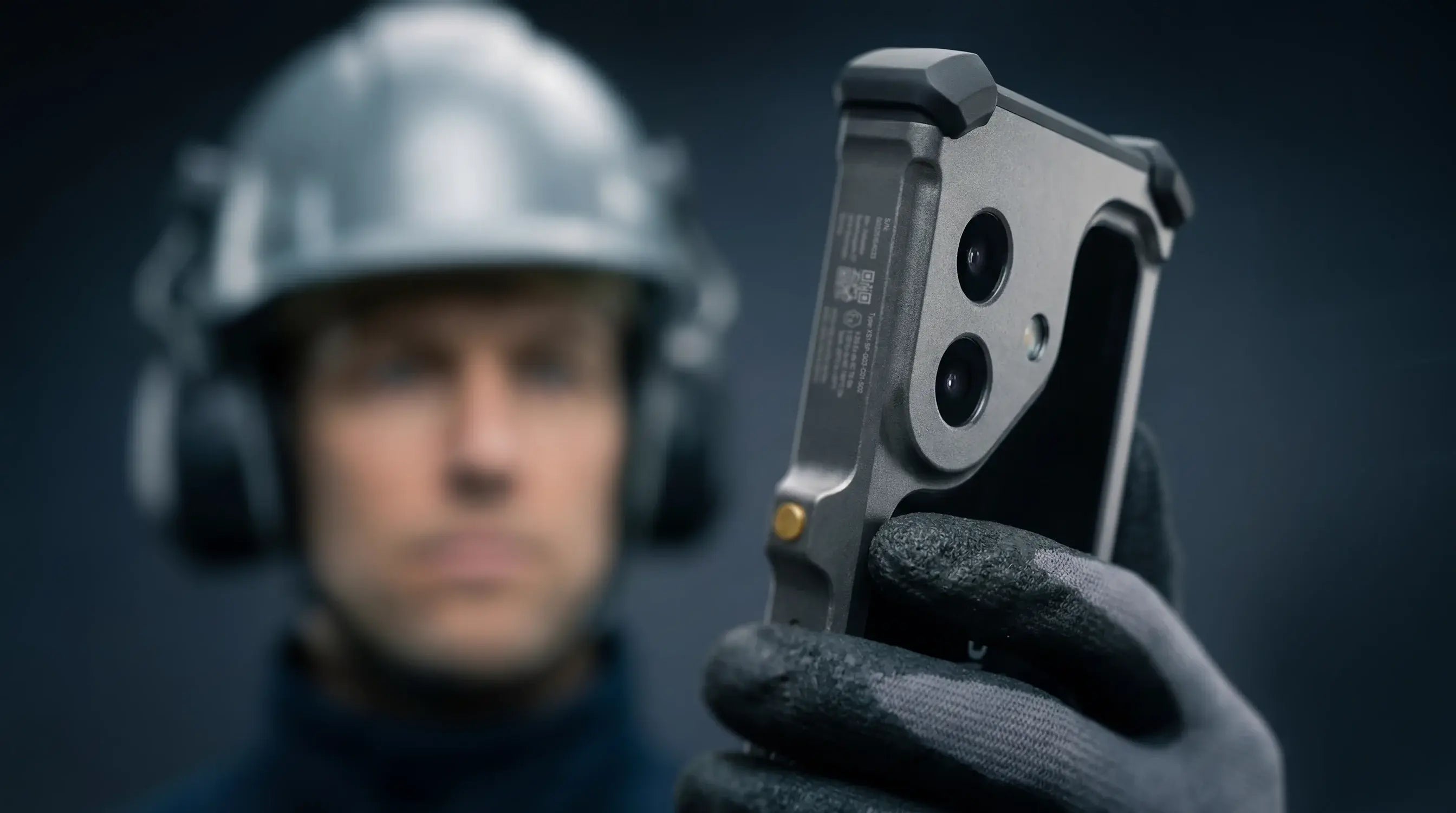 A person in safety gear and gloves holds the Xshielder ATEX & IECEx Zone 1/21 Cover for iPhone 17 (phone included), focusing on this rugged, explosion-proof device with a blurred background highlighting its durability.