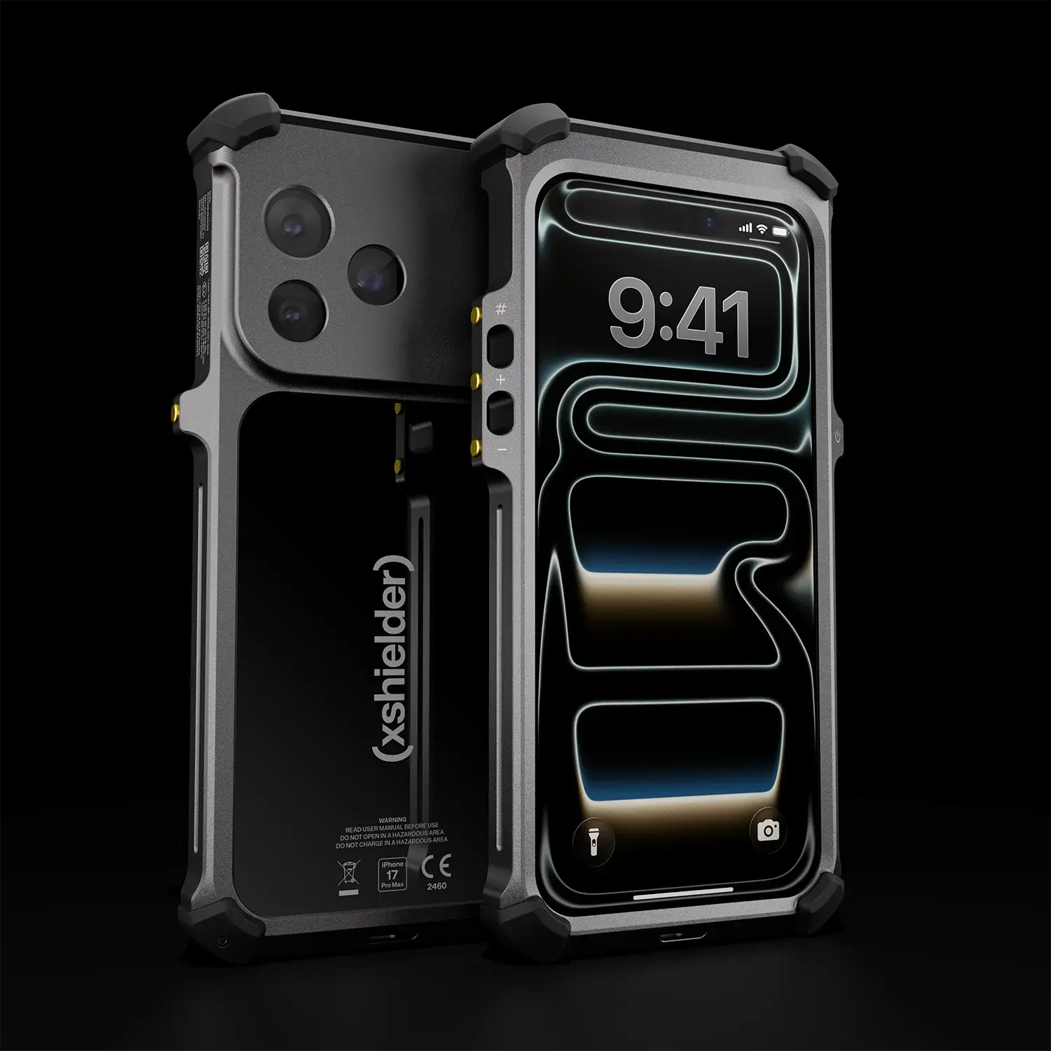 Two smartphones in rugged black cases stand against a black background. One features the Xshielder ATEX & IECEx Zone 1/21 Cover for iPhone 17 Pro Max (phone included) displaying 9:41; the other shows the xshielder brand name.