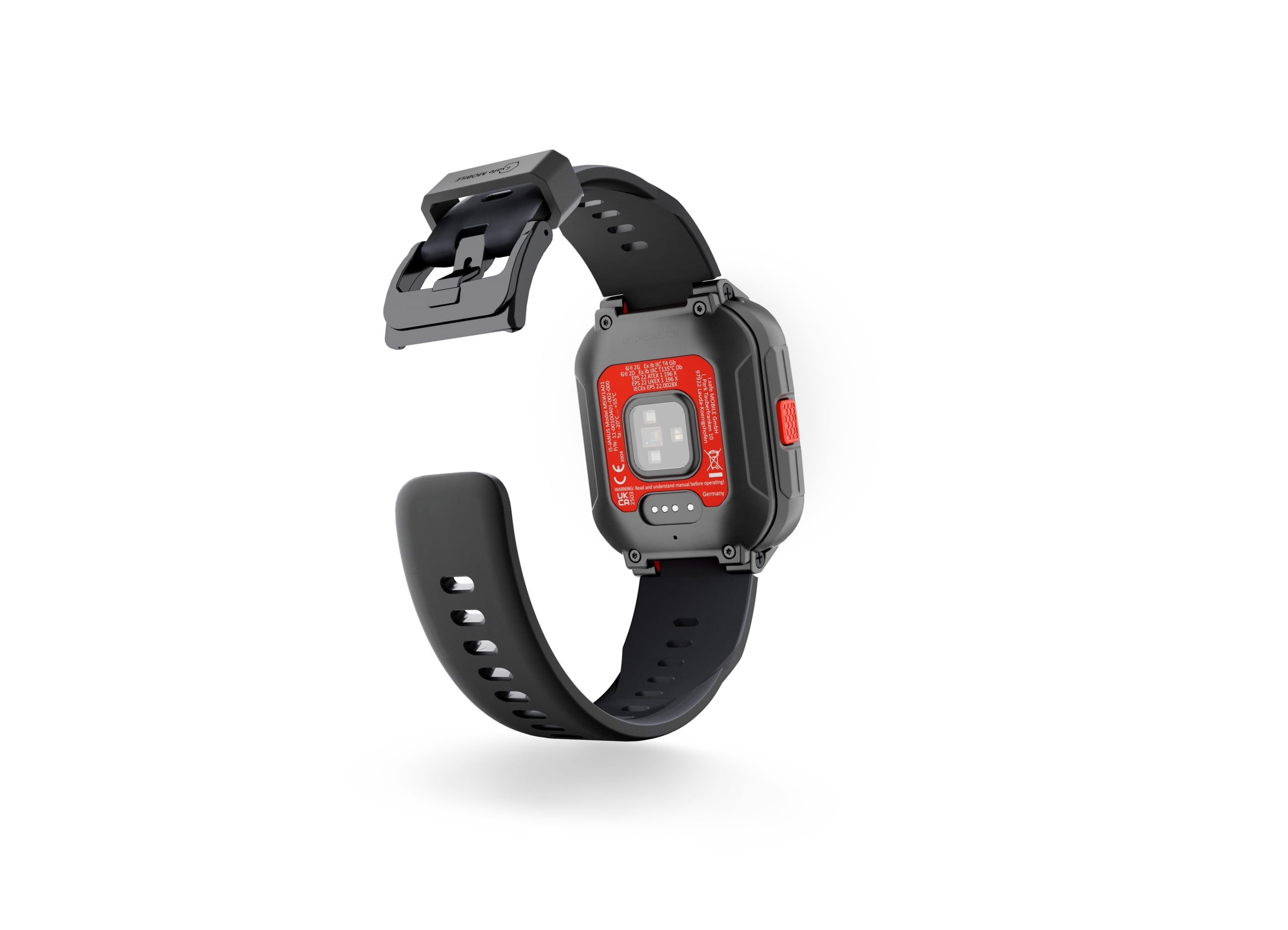 The i.safe MOBILE IS-SW1.1 Intrinsically Safe (Zone 1/21) Smartwatch is shown from the back and side, with a black rectangular face, red back panel, perforated adjustable strap, and NFC time recording capability.