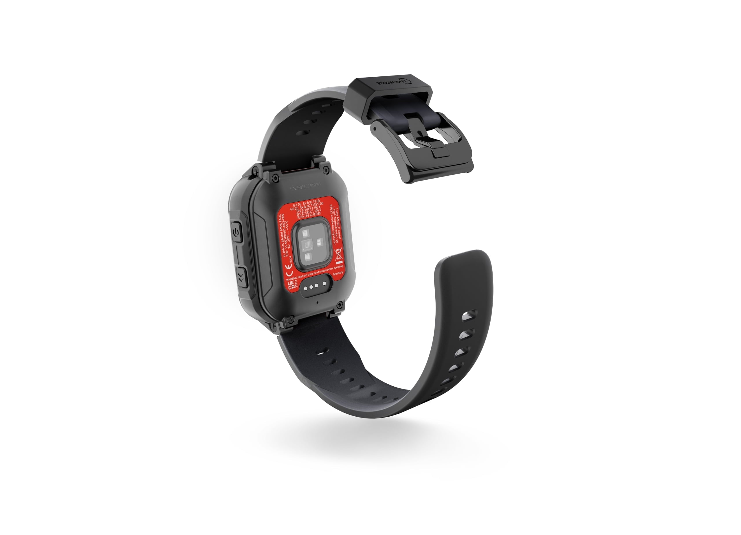 The i.safe MOBILE IS-SW1.1 Intrinsically Safe (Zone 1/21) Smartwatch features a black rectangular face, visible back sensors, and vital functions monitoring, displayed on a curved band against a plain white background.