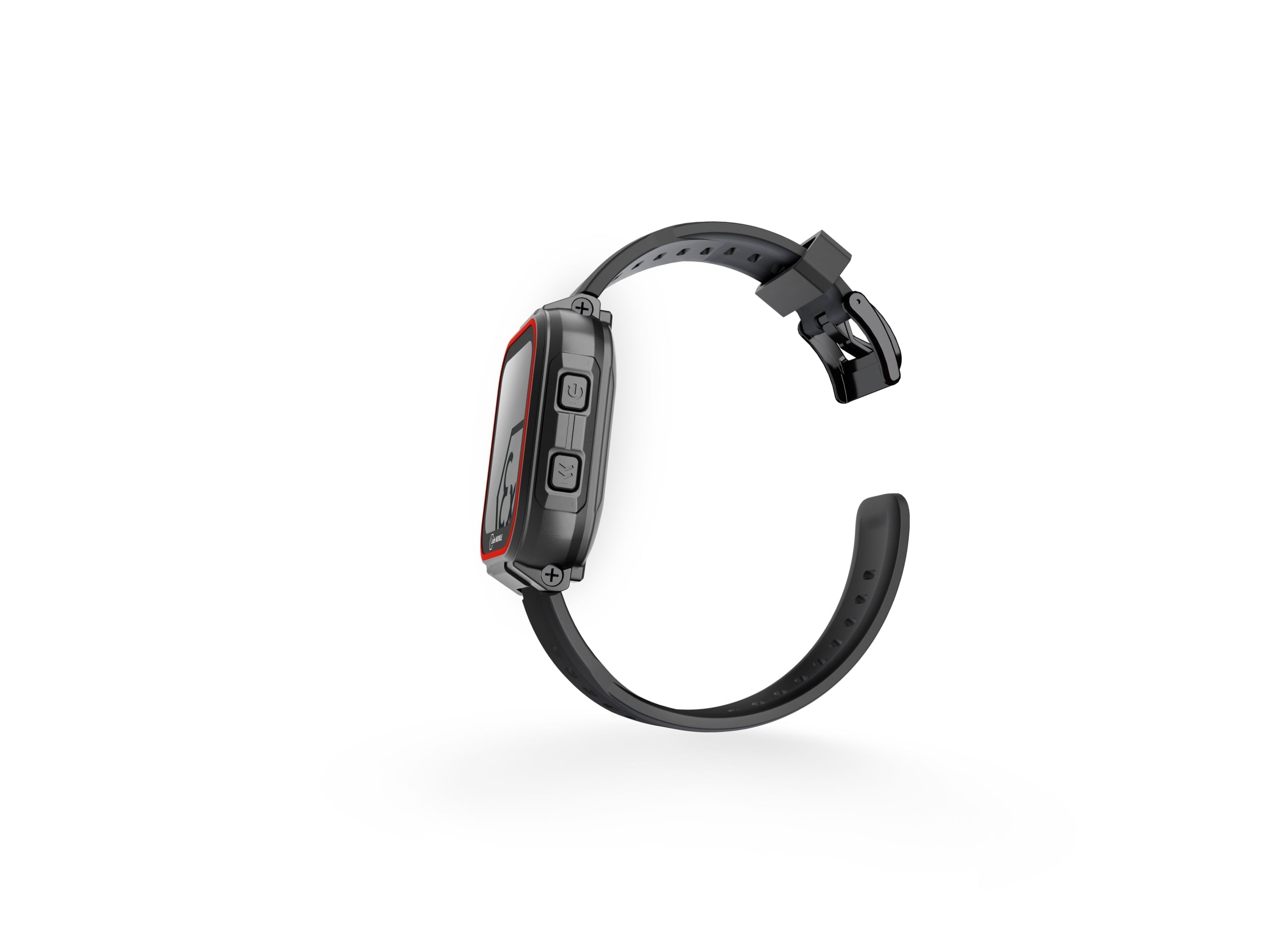The i.safe MOBILE IS-SW1.1 Intrinsically Safe (Zone 1/21) Smartwatch, shown from the side with a black and red rectangular face and silicone strap, features GPS positioning for enhanced navigation against a white background.