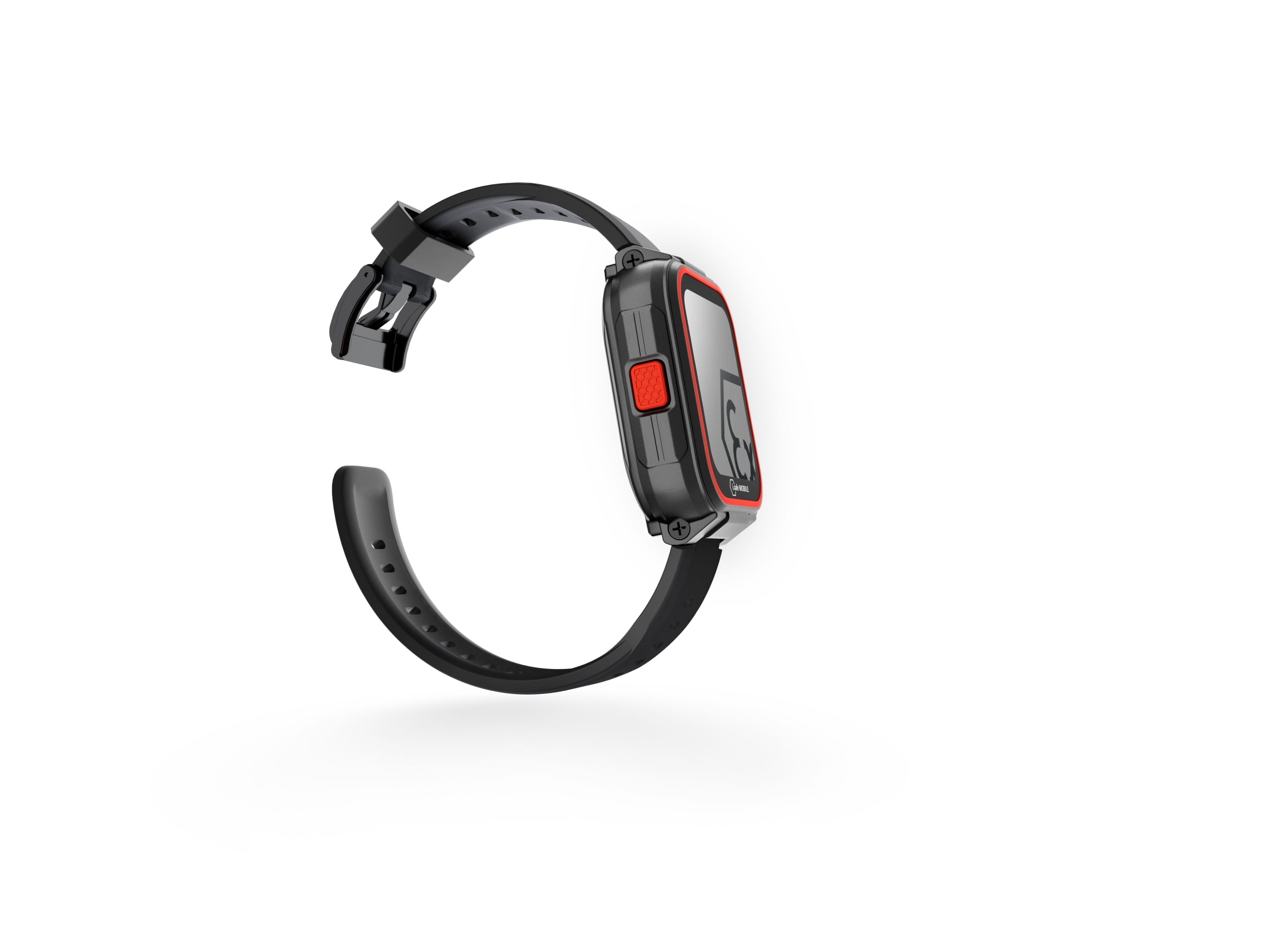The i.safe MOBILE IS-SW1.1 Intrinsically Safe (Zone 1/21) Smartwatch features GPS positioning and vital function monitoring, shown at an angle with a black design, red side accent, and digital screen on a white background.