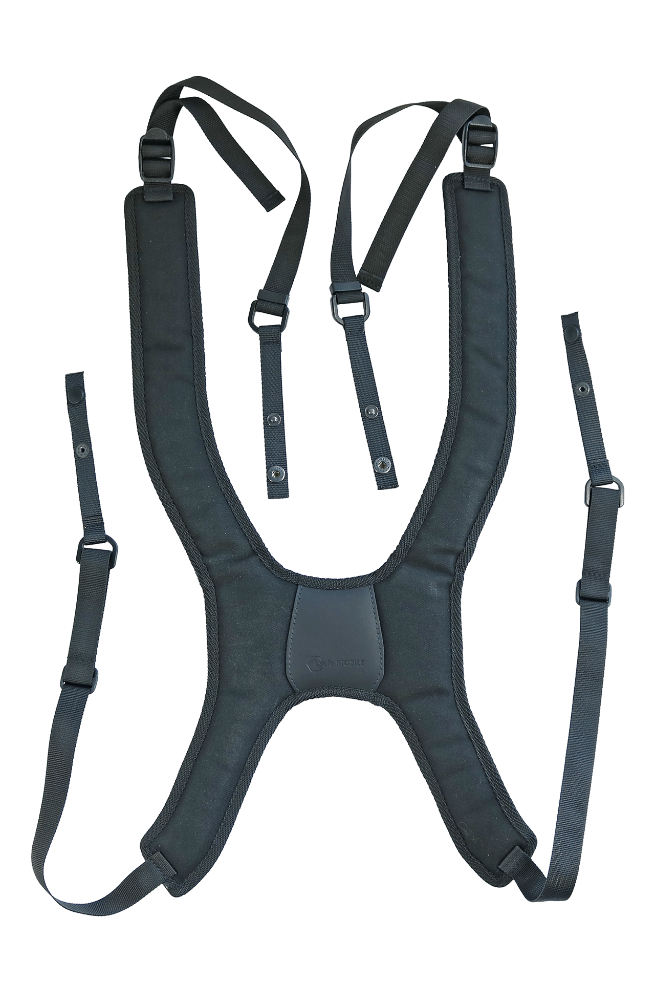 The i.safe MOBILE 4-Point Harness System for IS930.X, IS940.X, and IS945.X tablets is a black padded harness with adjustable straps and buckles, shown laid flat on a white background.