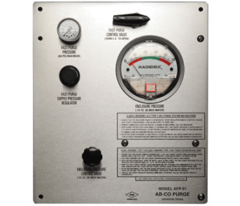 The AB-CO PURGE AFP-01Z-15 features a metal control panel with a pressure gauge, regulator knob, instruction labels, and a central "Enclosure Pressure" dial—ideal for Purge and Pressurization System applications.