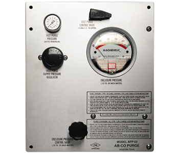 The AB-CO PURGE AFP-03Y-300 Purge and Pressurization System features a control panel with gauges, knobs for fast purge, enclosure, and supply pressure regulators, plus a central Magnehelic gauge; compliant with NFPA 496 Standard.