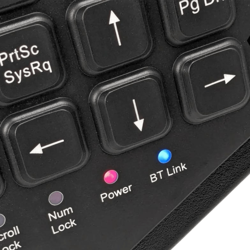 Close-up of the Armadex BT-Key-02 ATEX Intrinsically Safe Keyboard showing arrow keys, PrtSc, Num Lock, and indicator lights for Power (red) and BT Link (blue).