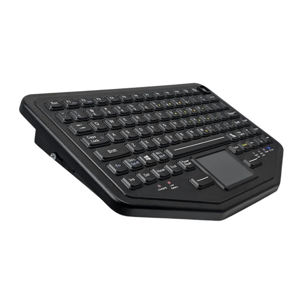The Armadex BT-Key-02 ATEX Intrinsically Safe Keyboard is a rugged Bluetooth device with a built-in touchpad, displayed from the left side on a white background, and features a sleek black angular design.