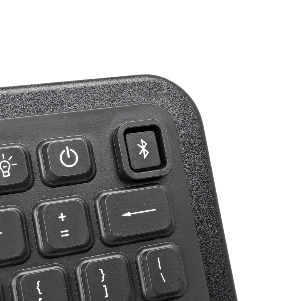 Close-up of the Armadex BT-Key-02 ATEX Intrinsically Safe Keyboard corner, highlighting Bluetooth and power buttons plus function keys—ideal for use in IECEx certified or ATEX Zone 2 environments.
