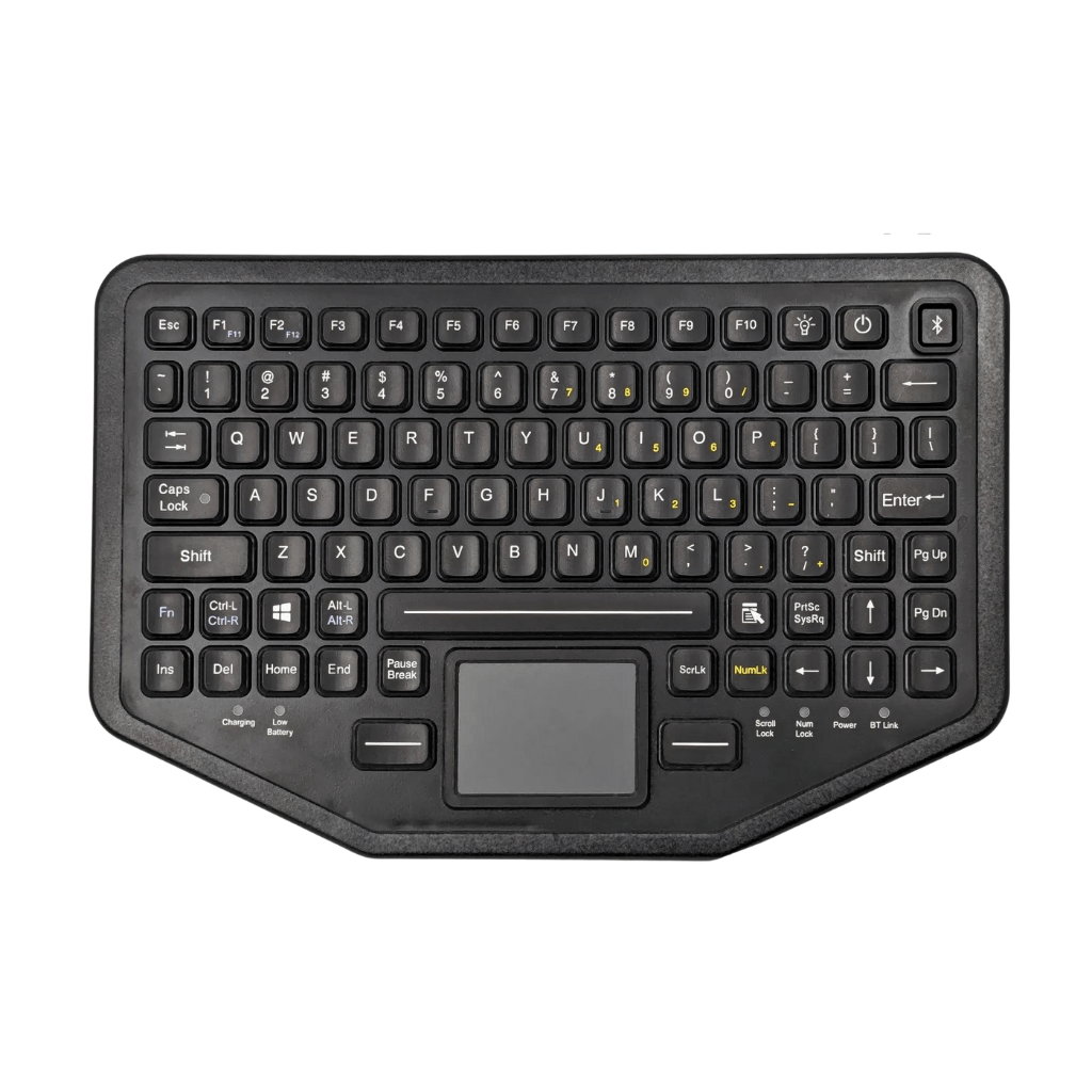 The Armadex BT-Key-02 ATEX Intrinsically Safe Keyboard is a compact, black, rugged Bluetooth keyboard with an integrated bottom-center touchpad, standard and function keys, and IECEx certification—ideal for tough environments.