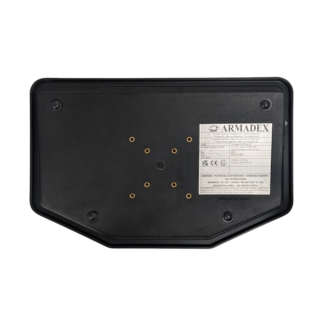 A rectangular black backplate with multiple screw holes for the Armadex BT-Key-02 ATEX Intrinsically Safe Keyboard, featuring a white ARMADEX label on the right.