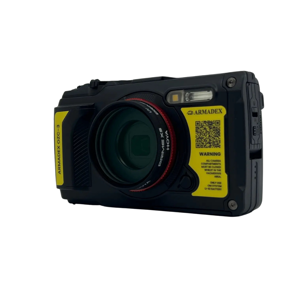 A black and yellow Armadex OZC 3 ATEX/IECEx Explosion Proof Camera for hazardous area inspections, featuring a 4K lens, flash, and informational stickers on the front.