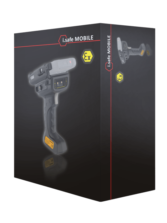 Black product box featuring an image of the i.safe MOBILE IS-TH1xx.2 Non-Incendive (C1/D2) Barcode Scanner Trigger Handle, with a yellow Ex safety symbol for long-distance and efficient 2D barcode scanning.