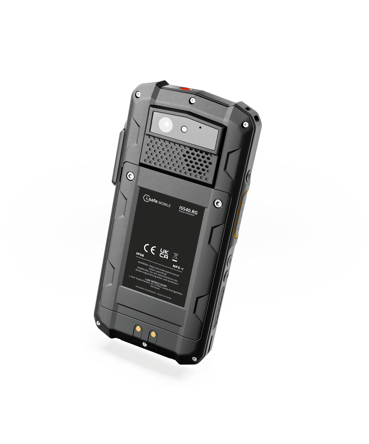 Rear view of a black, rugged i.safe MOBILE IS540.RG Rugged 5G Smartphone showing the dual-SIM slot, camera lens, flash, speaker grille, and device information label.