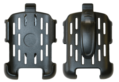 The i.safe MOBILE Belt Clip for IS530.X Smartphones is shown in black plastic, with side-by-side front and back views highlighting its vented slits and central circular recess.
