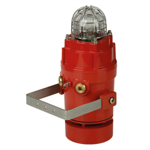 The D1xC1X05R 110dB(A) Radial Alarm & 5J Xenon Strobe features a transparent dome cover and metal bracket, is ideal for multi-beacon systems, and meets UL464 standards.