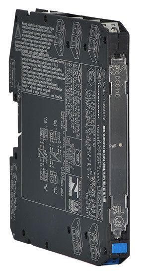 A GMI D5011D Intrinsically Safe Isolator SIL3 2-wire HART Transmitter Power Supply, black, with technical diagrams and labels on the surface, stands upright at an angle.
