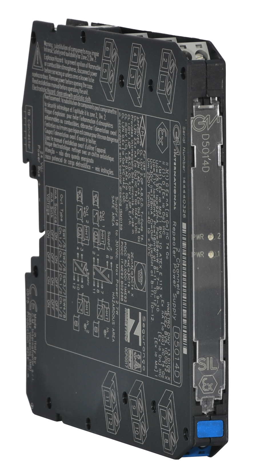 The GMI D5014D Intrinsically Safe Isolator SIL3 is a black industrial automation module with connector ports and indicator lights, bearing technical diagrams and text, designed for hazardous areas as a 2-channel HART transmitter power supply.