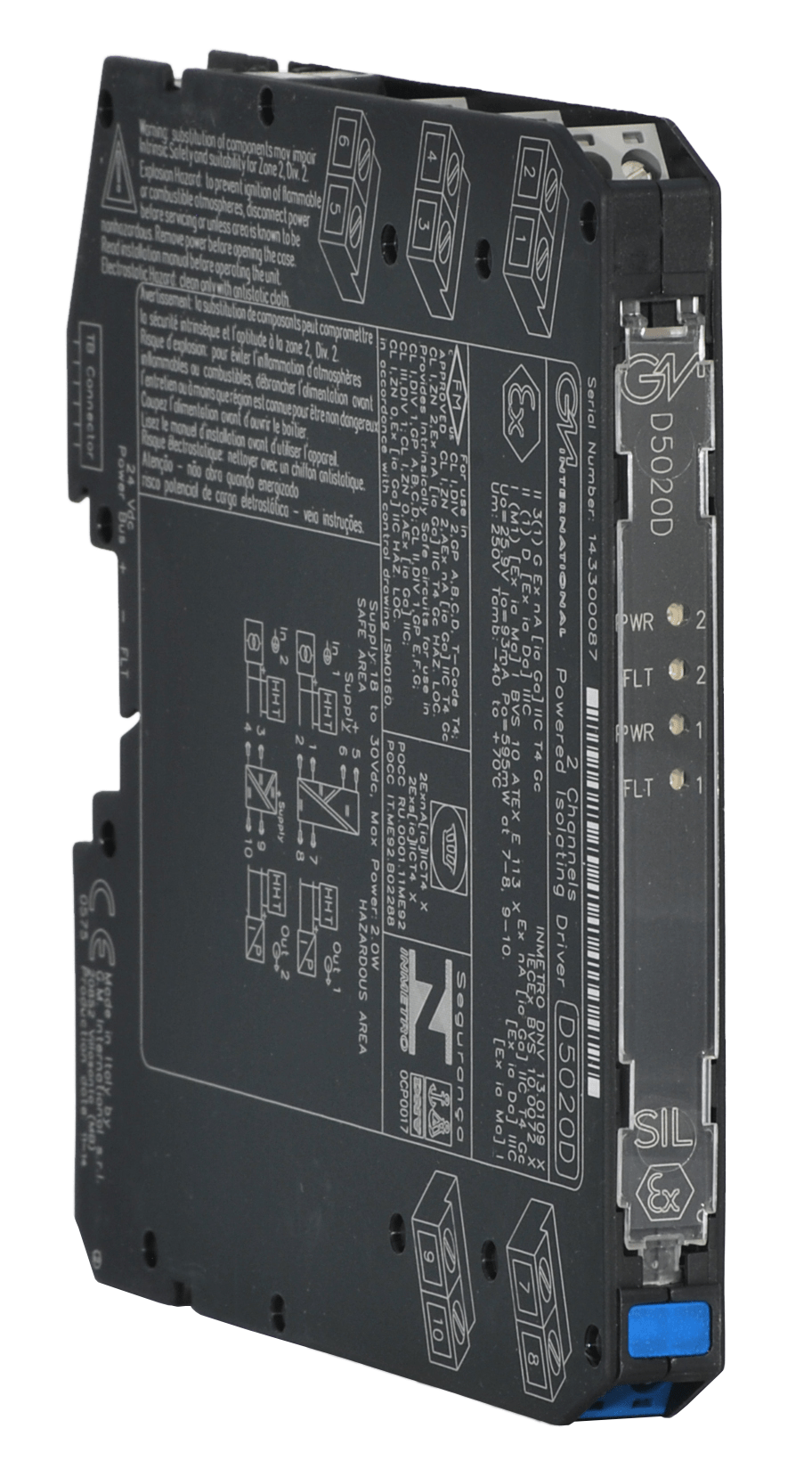 The GMI D5020D Intrinsically Safe Isolator is a black, 2-channel module with white markings, status LEDs, a blue bottom lever, analog outputs (4-20mA/HART), and SIL2 certification for enhanced safety.