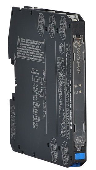 The GMI D5072D-087 Intrinsically Safe Isolator SIL 2 Resistance/RTD Repeater is a black DIN-rail module with labeled indicators and connection ports, shown upright on a white background.