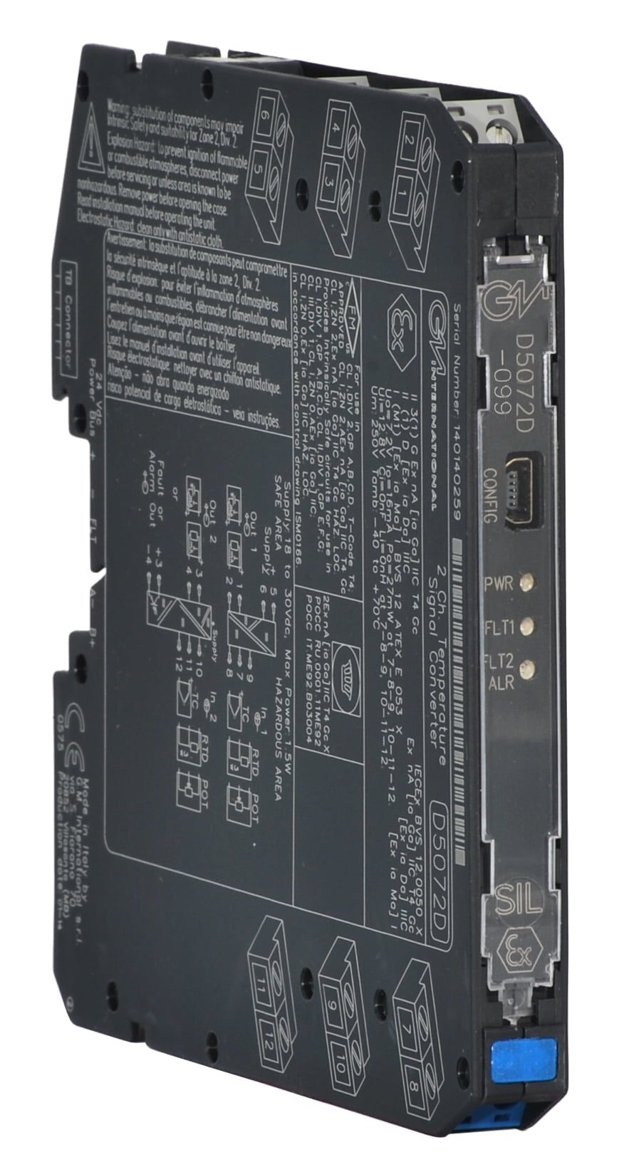A black GMI D5072D-099 Intrinsically Safe Isolator SIL 2 Temperature Signal Converter, Multifunction Sink Out, with printed technical specs and indicator lights for power, fault, and alarm on the front panel.