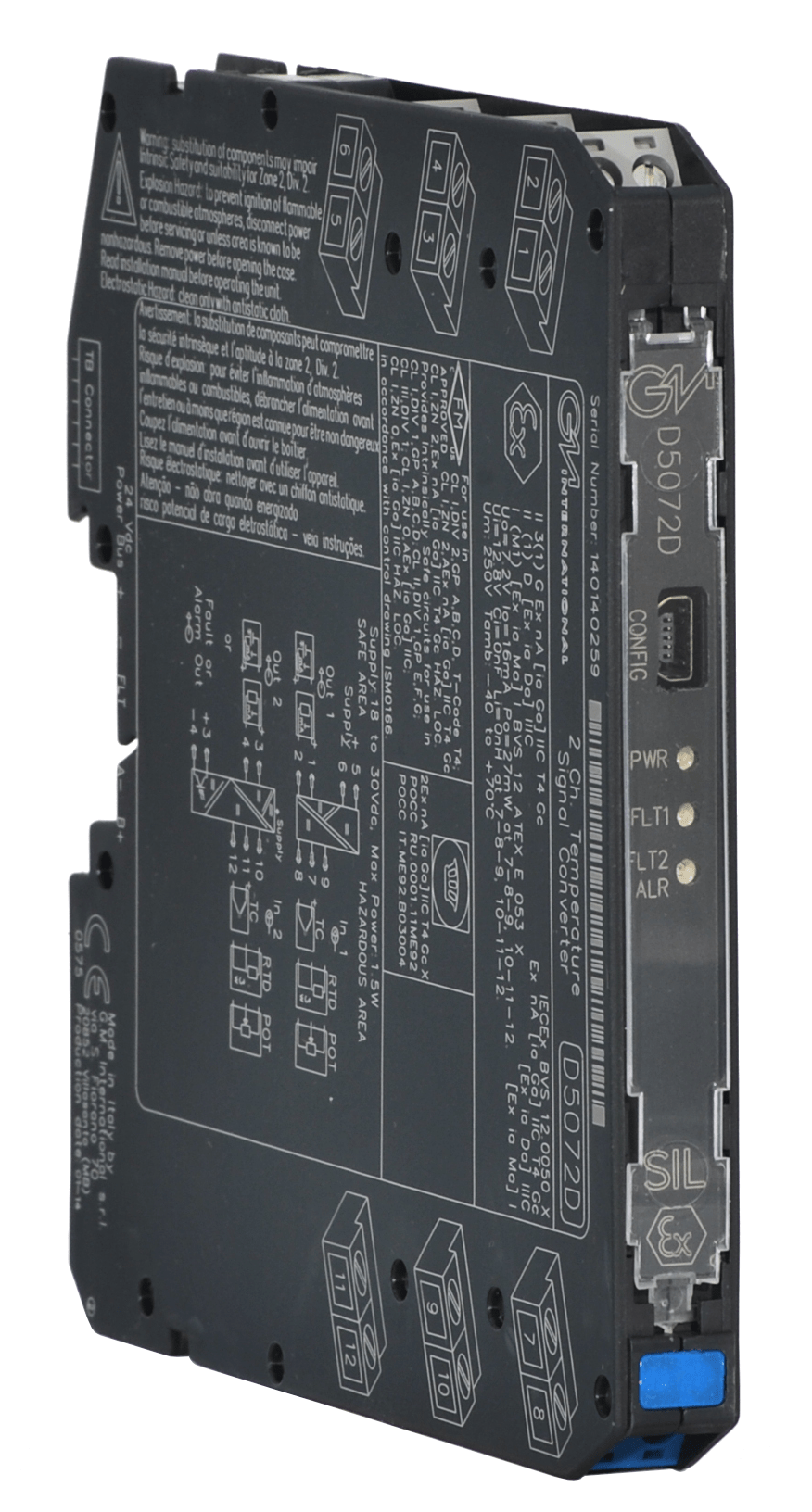 The GMI D5072D Intrinsically Safe Isolator is a black, 2-channel SIL2 temperature converter for mV/TC/RTD/potentiometer input, with 0/4–20mA output, and indicator lights (PWR, FLT1, FLT2, ALR) plus printed specs on the front panel.
