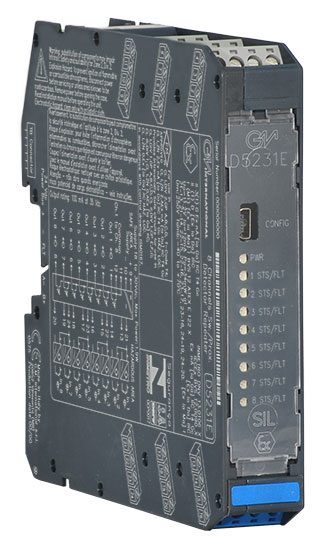 The GMI D5231E Intrinsically Safe SIL 2 Switch/Proximity Detector Repeater O.C. Out is a black industrial I/O module with LEDs, labeling, ports, and config button, featuring Modbus RTU RS-485 and field open/short circuit detection for automation systems.