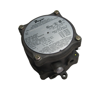 The AB-CO PURGE DP-1A Pressure Switch features explosion-proof design with a metal casing, visible screws, and a detailed label on top showing specifications and certifications.
