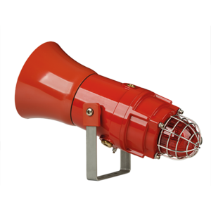 The E2S D1xC1X05F 115dB(A) Alarm Horn & 5J Strobe features a protective metal cage, is UL464 compliant, and comes mounted on a metal bracket, shown against a plain white background.