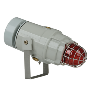The E2S D1xC2X05R 114dB(A) Radial Alarm & 5J Strobe is a gray industrial warning light with a red lens, protective metal cage, and bracket mount—ideal for integration into multi-beacon systems.