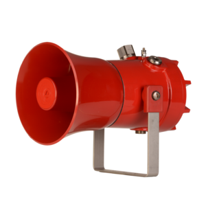 The E2S D1xS1F 115dB(A) Alarm Horn Sounder, in red, is shown mounted on a metal bracket against a plain white background.
