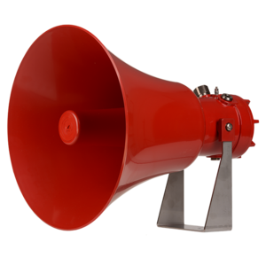 A red E2S D1xS2H 128dB(A) alarm horn sounder, constructed from marine grade aluminium with a metal stand, is showcased on a plain white background—a durable audible signaling device.