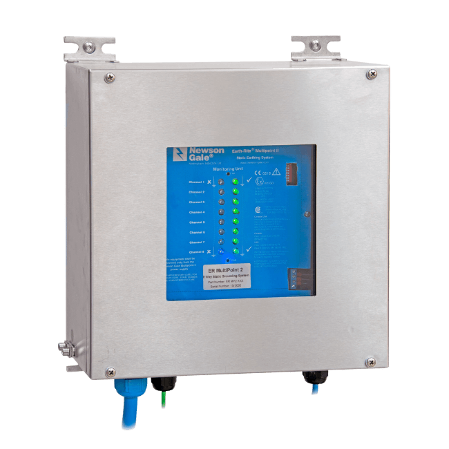 The Newson Gale Earth-Rite Multipoint II is a metal control panel enclosure with a blue electronic interface, multiple indicator lights, and connection ports for intrinsically safe ground monitoring in hazardous environments.