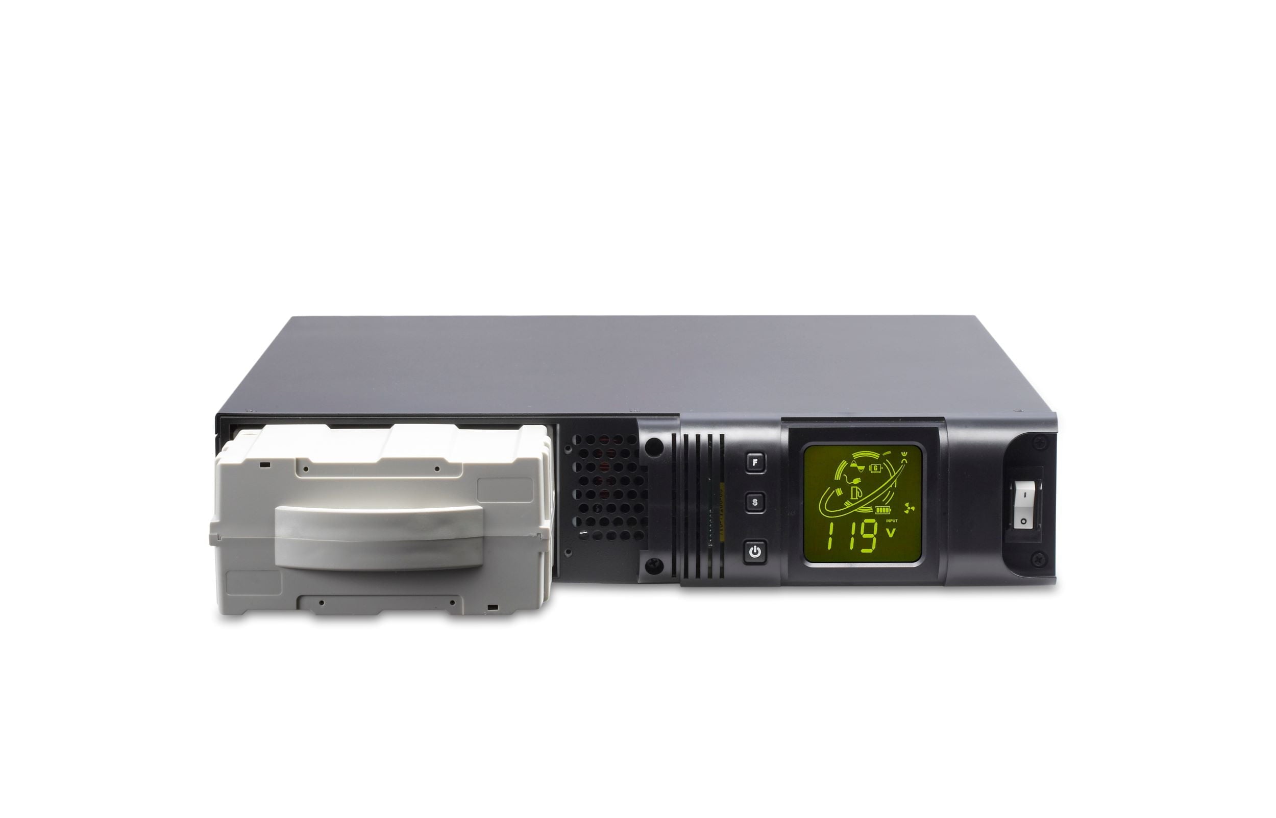 The Falcon SSG Industrial Wide-Temperature UPS 6kVA, 230Vac Rackmount features long-life batteries, a digital display showing "119V," and a partially removed extended battery module on the left side.