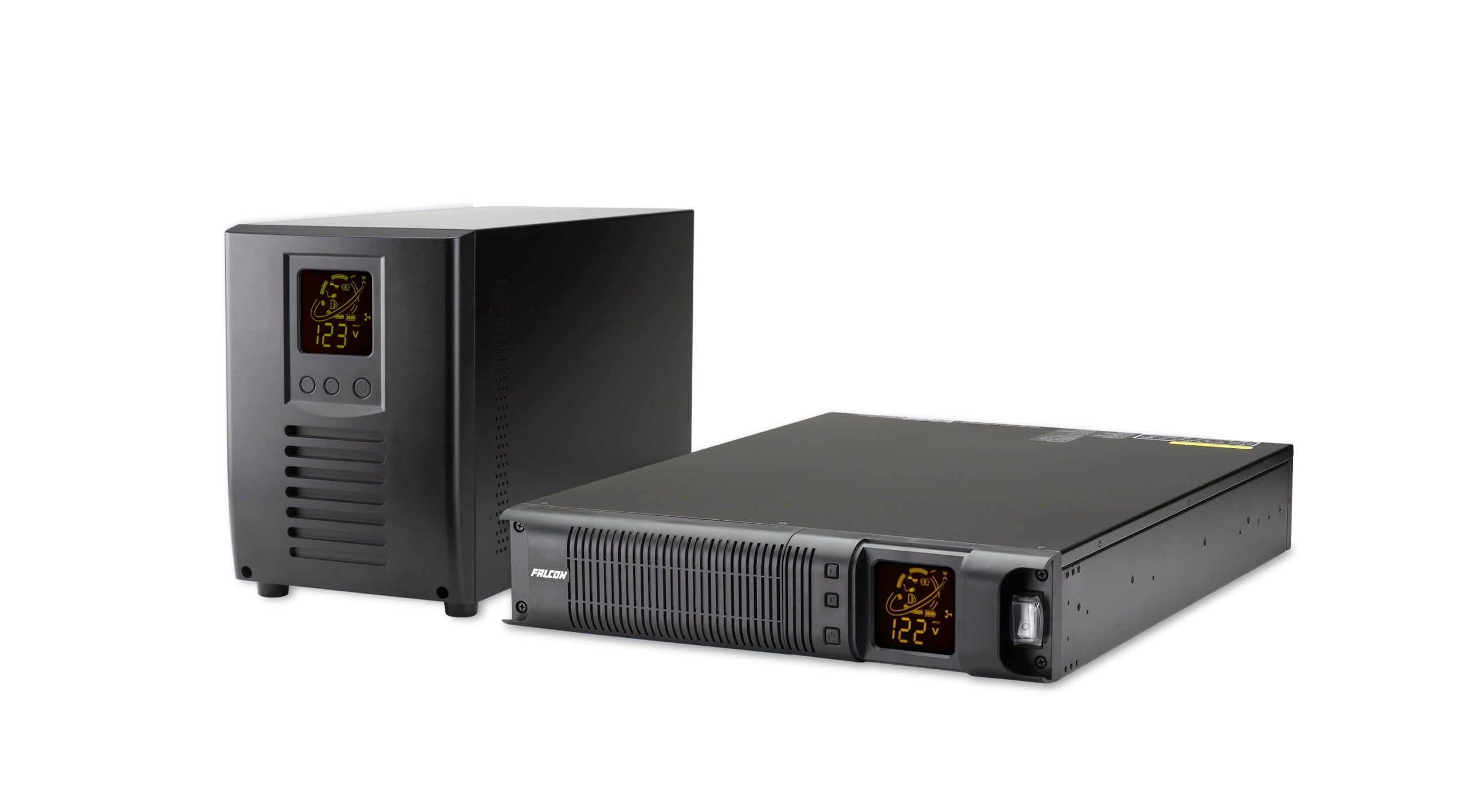 The Falcon SSG Industrial Wide-Temperature UPS 6kVA, 230Vac Rackmount features a digital display, long-life batteries, and meets UL 1778 standards in a rackmount design.