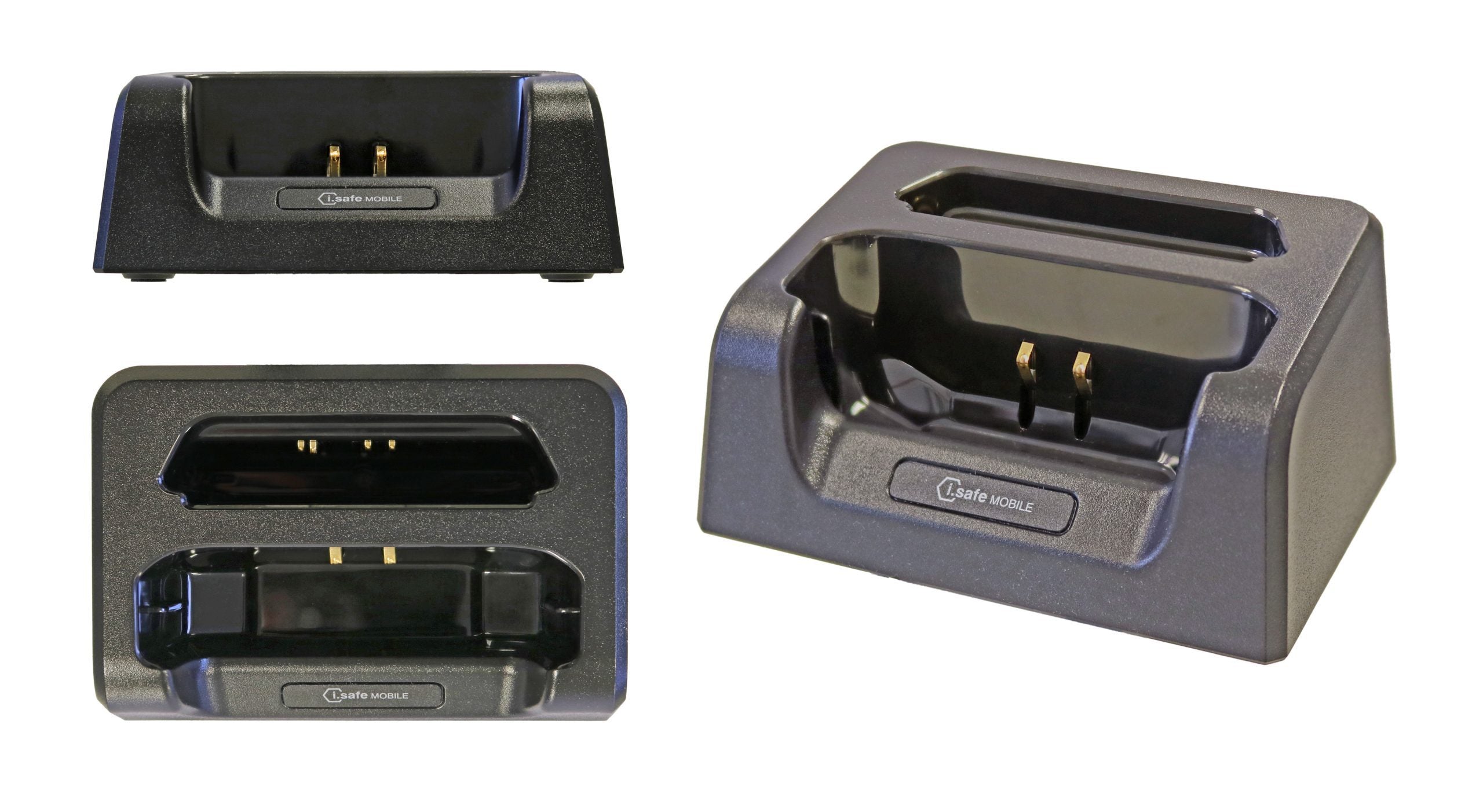 The i.safe MOBILE IS-DC540.1 Desktop Charger, a black plastic dock with metal contact pins, is displayed from three angles on a white background.