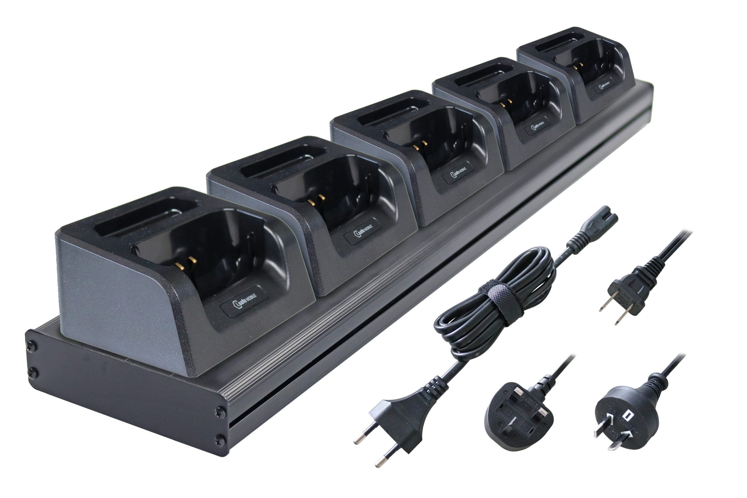 The i.safe MOBILE IS-MC540.1 Multi Charger features five charging slots, three plug adapter types, and includes a power cord placed alongside it.