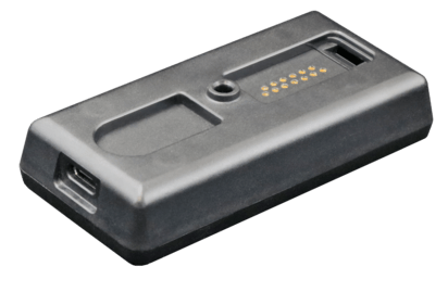 The i.safe MOBILE IS-PATH1.1 Programming Adapter for IS-TH1xx.1 Trigger Handle is a black rectangular electronic device with a charging port on one end and gold contact pins on the top surface.
