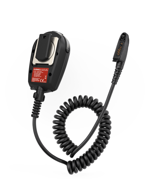 The i.safe MOBILE IS-RSMG2.1 Intrinsically Safe (C1/D1) Remote Speaker Microphone features a coiled cord, multi-pin connector, and push-to-talk function, displayed against a plain light background.