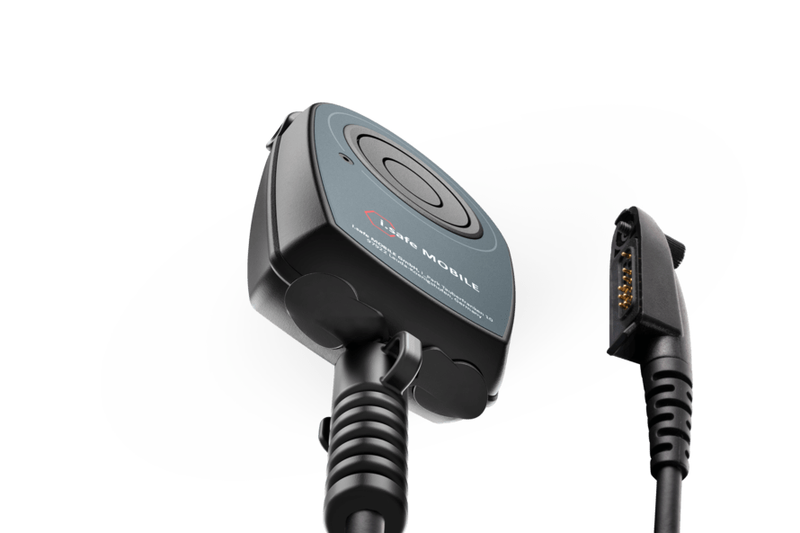 Close-up of the i.safe MOBILE IS-RSMG2.1 Intrinsically Safe (C1/D1) Remote Speaker Microphone, featuring a black design with a coiled cable, connector plug, and volume control, shown against a plain white background.