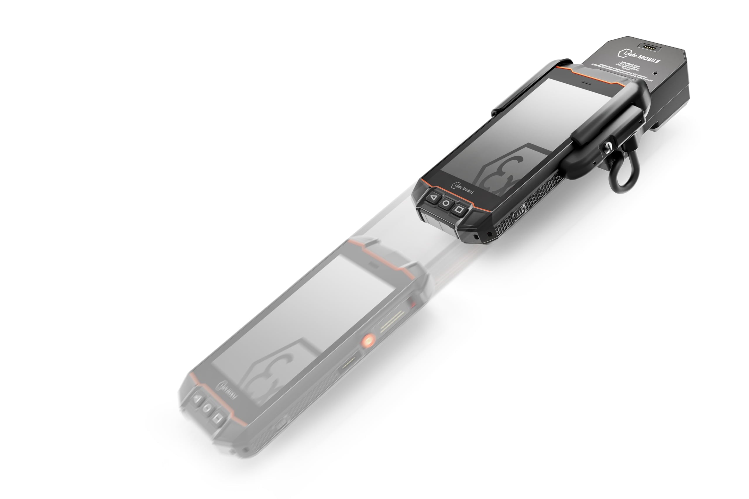 The i.safe MOBILE IS-TC1A.1 Intrinsically Safe (C1/D1) Thermal Camera is shown in motion, its buttons and screen blurred to indicate movement, possibly during data transfer or when directly connecting to another device.