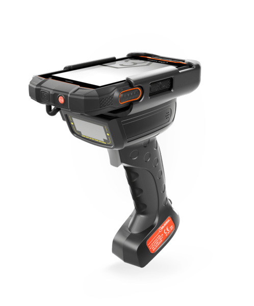 The i.safe MOBILE IS-TH1xx.1 Intrinsically Safe (C1/D1) Barcode Scanner Trigger Handle features a display, buttons, textured grip, and protective case for efficient barcode processing, shown on a plain white background.