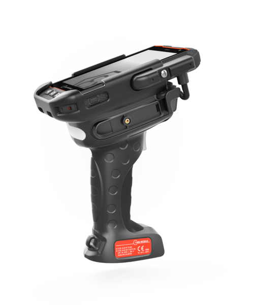 The i.safe MOBILE IS-TH1xx.1 Intrinsically Safe (C1/D1) Barcode Scanner Trigger Handle features an ergonomic black grip and control buttons, shown from a side angle against a plain white background for efficient barcode scanning.