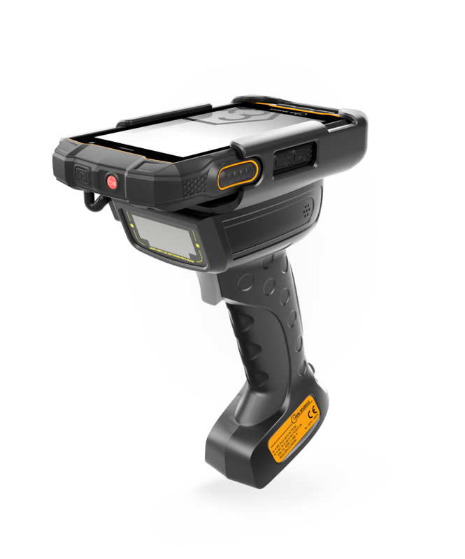 The i.safe MOBILE IS-TH1xx.2 Non-Incendive (C1/D2) Barcode Scanner Trigger Handle features a rugged black and yellow design, a protective frame, and can read 2D barcodes for efficient long-distance data capture.
