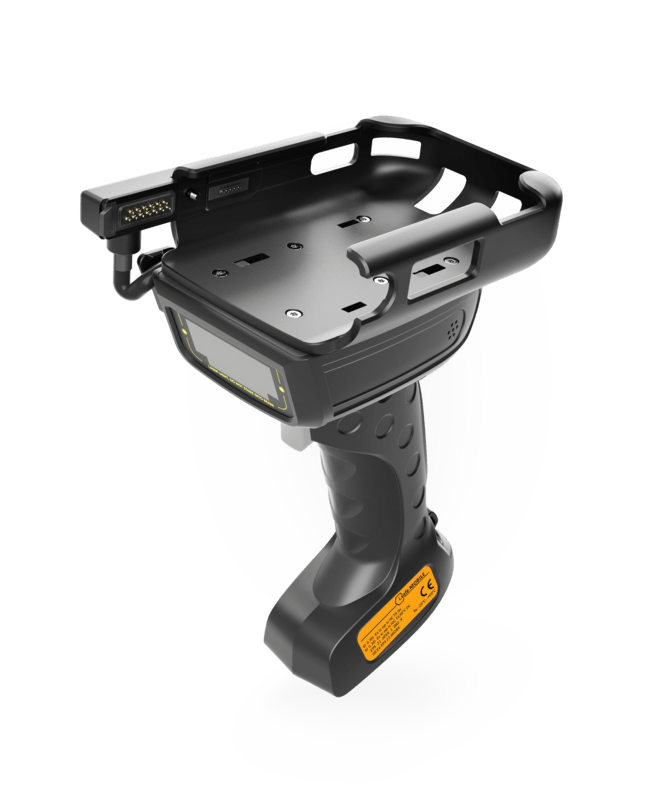 The i.safe MOBILE IS-TH1xx.2 Non-Incendive (C1/D2) Barcode Scanner Trigger Handle is a black handheld device with pistol grip and mounting bracket for long distance 2D barcode scanning, shown against a white background.